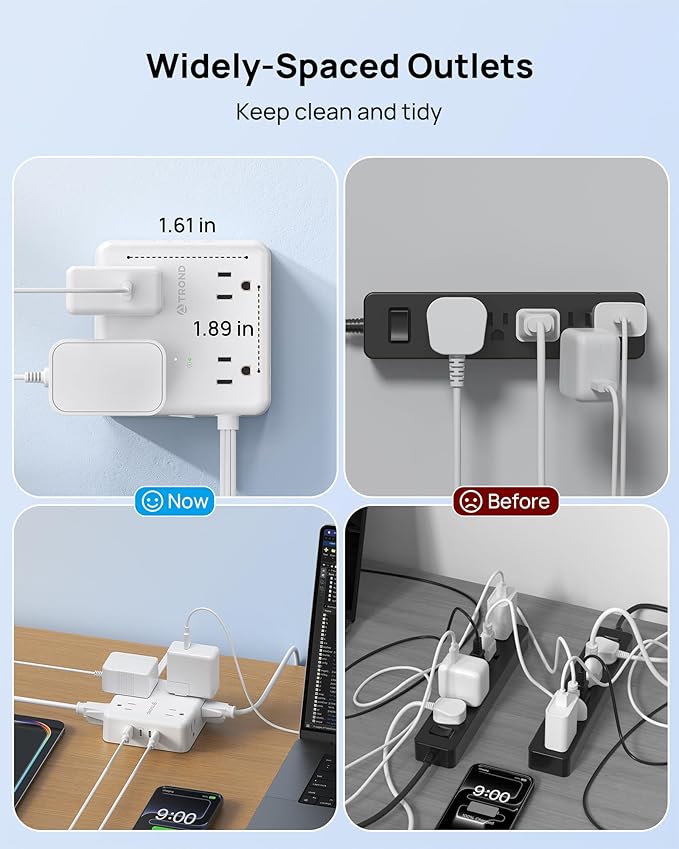 TROND Surge Protector Power Strip, 10FT Flat Plug Extension Cord with 8 Outlets & 4 USB Ports (3 USB C), 1625W, Wall Mount Outlet Extender for Home Office Dorm Room Essentials, White