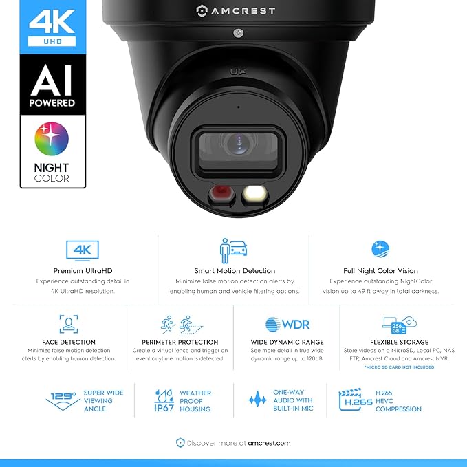 Amcrest 4K Night Color AI Turret IP PoE Camera 49ft Full Color Nightvision, Security IP Camera, Built-in Microphone, Human Detection, Perimeter Protection, 129° FOV, 4K@15fps IP8M-2779EB-AI (Black)