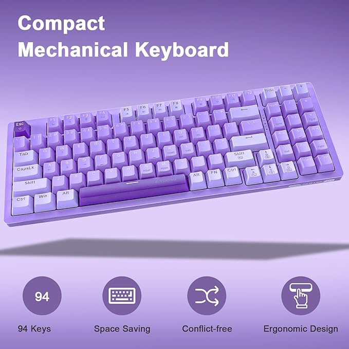 HUO JI Mechanical Gaming Keyboard USB Wired Compact with Number Pad, Purple Led Backlit, Red Switch, Detachable Type C Cable, 94 Keys for PC/Computer/Laptop, Purple and White