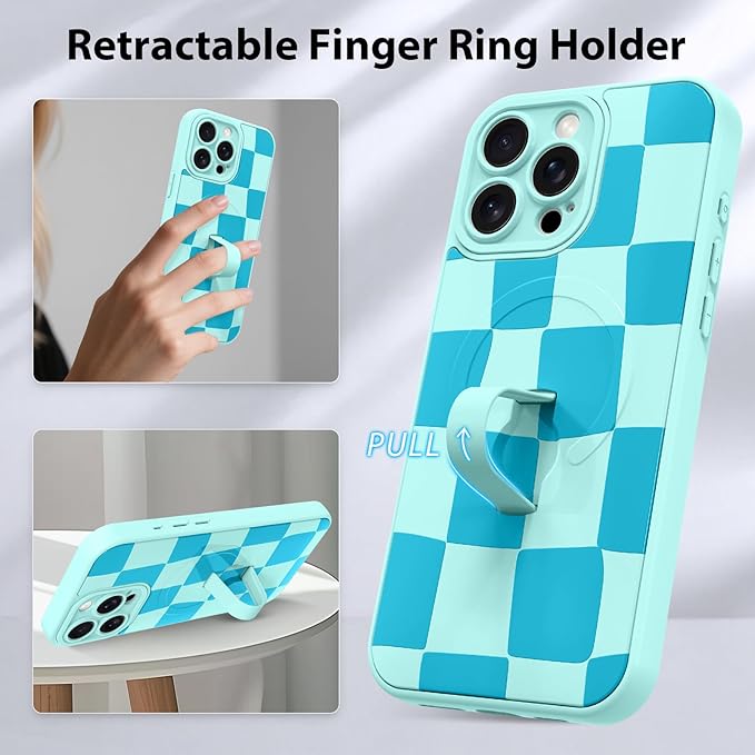 KANGHAR Compatible with iPhone 16 Pro Case, Support for MagSafe, Silicone Checkered Cute Pattern, Wristband Kickstand Camera Protection Soft Slim Cover for Girls Women -Blue
