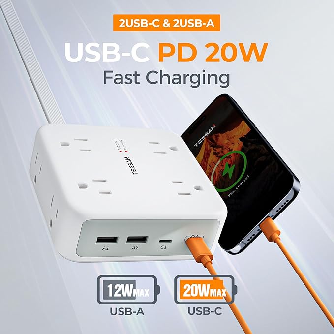 TESSAN Dual Surge Protector Power Strip, 5 Ft Extension Cord Flat Wall Plug with 4 USB (2 USB C) 8 Outlets, 2100J Surge Protection, 20W Multiple Charging Station for Home, Office, College, Dorm, Grey