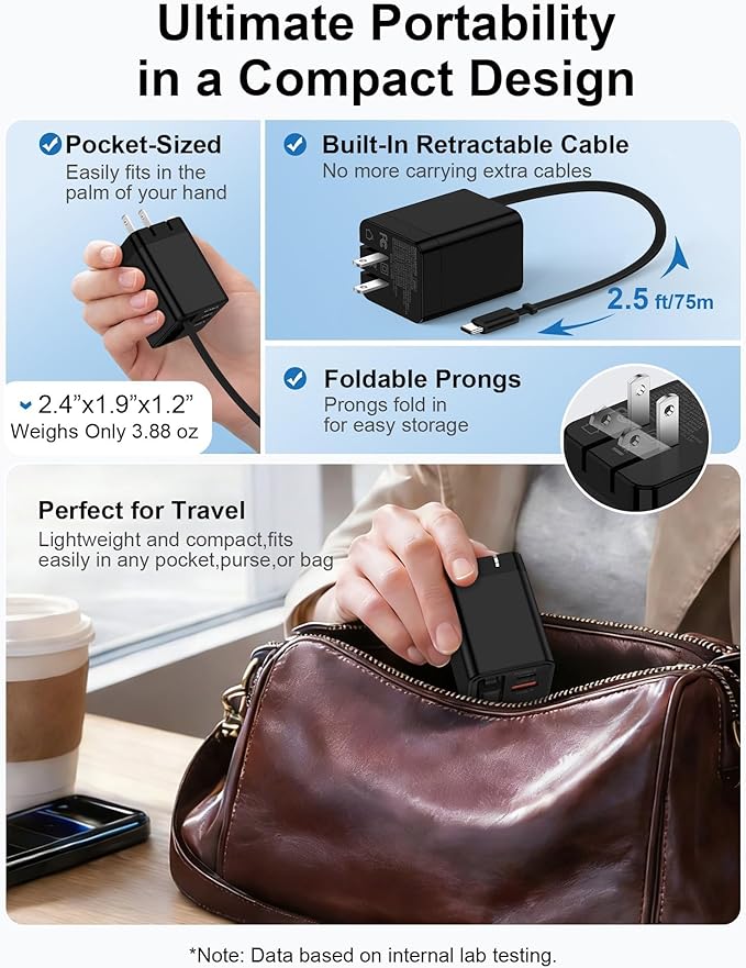 35W Retractable USB C Wall Charger for Samsung Galaxy S26 Ultra S26+ S26 A57 A37 A17 A36 A16 S25 S24 iPhone 17e 16 15 Pro Max, Fast Charging Block Built-in Type C Cable, Foldable Plug Power Adapter