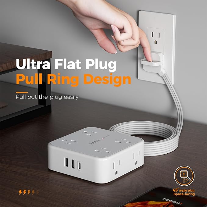 TESSAN Surge Protector Power Strip, 10 Ft Flat Plug Extension Cord with 3 USB (1 USB C) 8 Outlets, 1250W, 900J Protection, 3 Sided Outlet Extender with Ring Plug for Office, Dorm Room, Grey