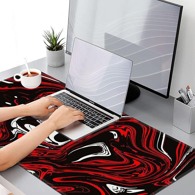 Gaming Mouse Pad, Red and Black Swirl Big Desk Pad for Keyboard and Mouse, Extended 35.5" X 15.75" In Computer Keyboard Mouse Mat 3mm Thick XXL Rubber Mousepad for Laptop Gamer, Fluid Marble