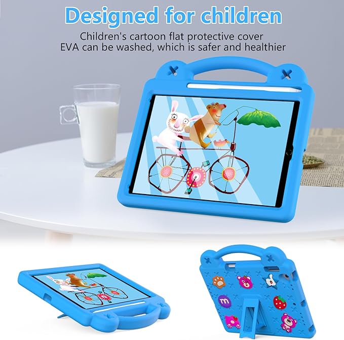 Dteck Kids Case for iPad 9.7 Inch 6th/5th Gen 2018/2017 & iPad Air 2/1 & iPad Pro 9.7,Strawberry Panda Shockproof Rugged Lightweight Pencil Holder Convertible Handles Stand Kid Friendly Case,Sky Blue