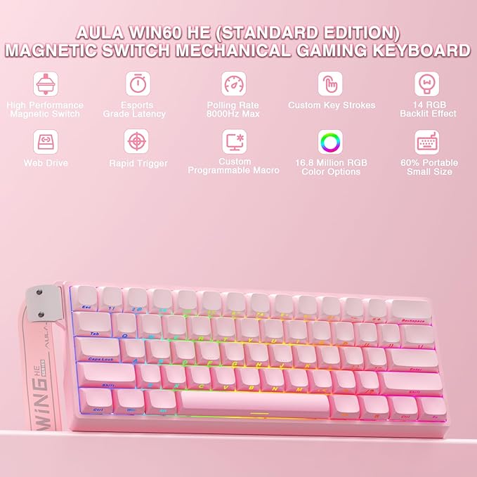 Aula WIN60 HE - 60% Mechanical Gaming Keyboard Wired, Hall Effect Magnetic Switch Hot Swappable,8000 Hz Polling Rate, RGB Keyboard 60 Percent Compact Design for PC (Gradient Pink)