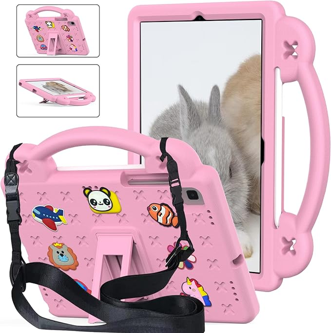 AKABEILA Compatible with Samsung Galaxy Tab A7 10.4 (2020/2022)/Tab S6 10.5(2019)/Tab S5e 10.5 inch(2019)/Tab S6 Lite 2020/2022 10.4 Tablet Case, Shoulder Strap & Pen Tray for Girl Kid Gift Pink