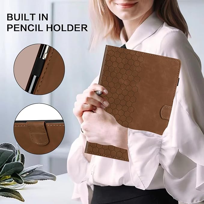 DTangLsm for iPad A16 Case Leather iPad 11th Generation Case 11-inch 2025, iPad 10th Generation Case 10.9-inch 2022, Smart Folio Stand Cover 10th Gen iPad Case with Pencil Holder, Honeycomb Brown