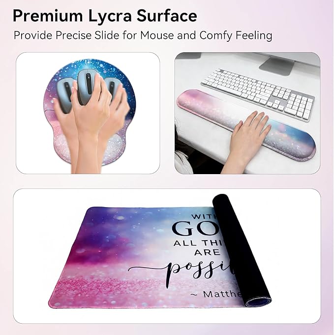 Desk Mat Set + Keyboard and Mouse Pad with Wrist Rest Support,4-in-1 Large Mousepad Computer Mats for Desktop Home & Office-with God