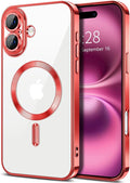 Hython Magnetic Clear for iPhone 16 Plus Case with Camera Lens Protector [Compatible with MagSafe] Luxury Plating Edge Slim Soft TPU Cover Protective Phone Case for iPhone 16 Plus 6.7", Red