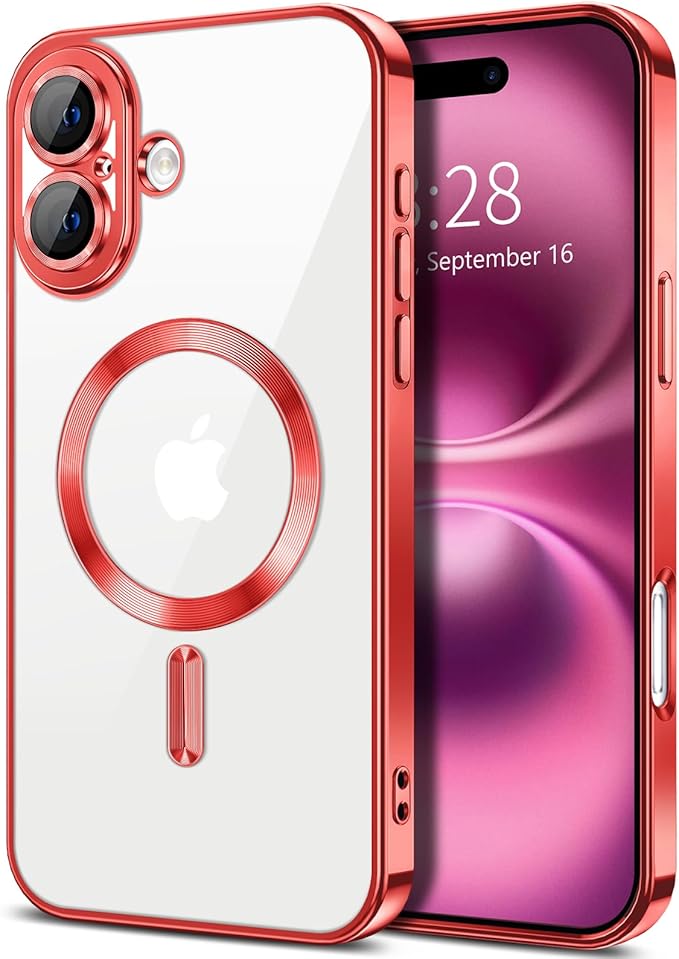 Hython Magnetic Clear for iPhone 16 Plus Case with Camera Lens Protector [Compatible with MagSafe] Luxury Plating Edge Slim Soft TPU Cover Protective Phone Case for iPhone 16 Plus 6.7", Red