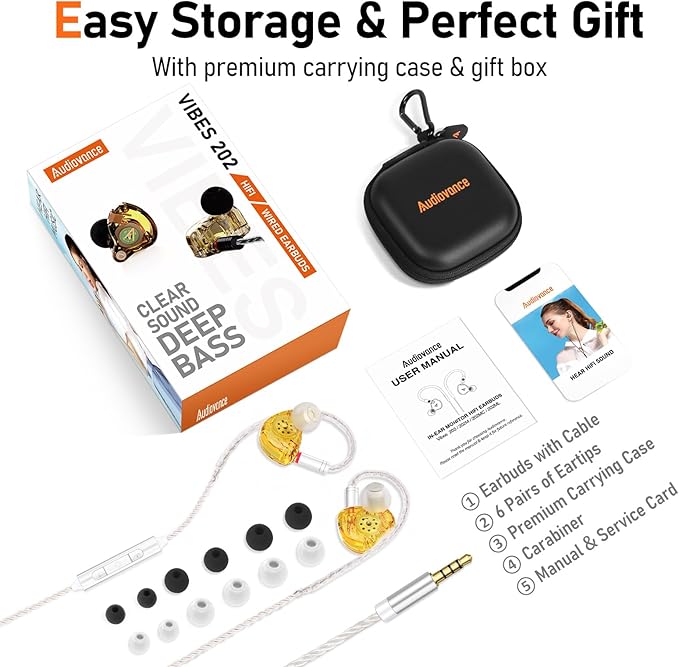 Vibes 202M Wired Earbuds - HiFi in Ear Monitor Headphones - Noise Isolating Ear Buds w/ Mic - Clear Sound, Deep Bass & Comfort-Fit Gaming Earphones - MMCX to 3.5mm & Silver Plated Cord, Carrying Case