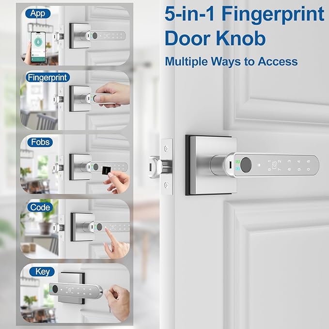 Foxgard Smart Fingerprint Door Lock:Fingerprint Door Knob-Biometric 5-in-1 Finger Print Door Lock-Smart Door Knob for Bedroom-APP Control-Easy Installation–Square Silver–1 Pack