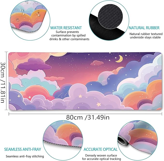 LIMKRIAN Purple Cloud Mouse Pad Large Desk Mat, Kawaii Purple Computer Mousepad with Stitched Edges Non-Slip, Keyboard Mouse Pad for Desktop Cute Office Supplies Desk Decor Accessories 31.5x11.8 in