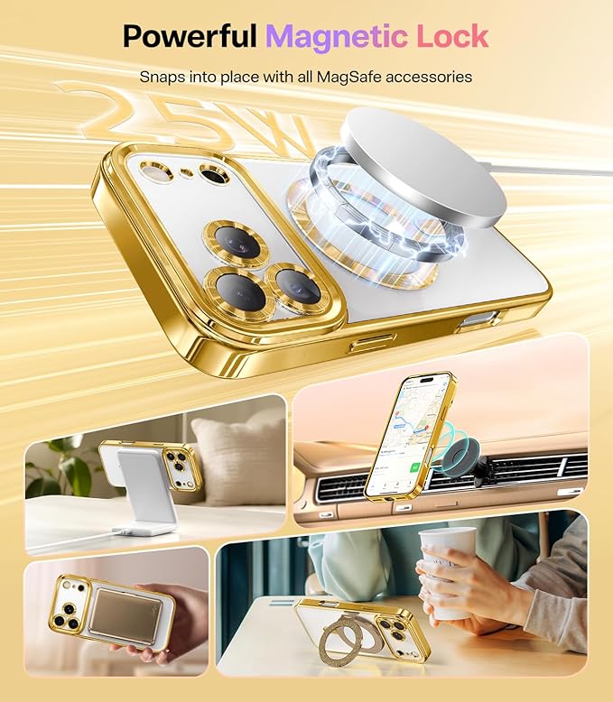 Meifigno Designed for iPhone 17 Pro Max Case 6.9", [Glitter Card & Wrist Strap] [Compatible with MagSafe] [2X HD Screen Protectors] Surround Raised Lens Protection for 17 ProMax Phone Case, Gold