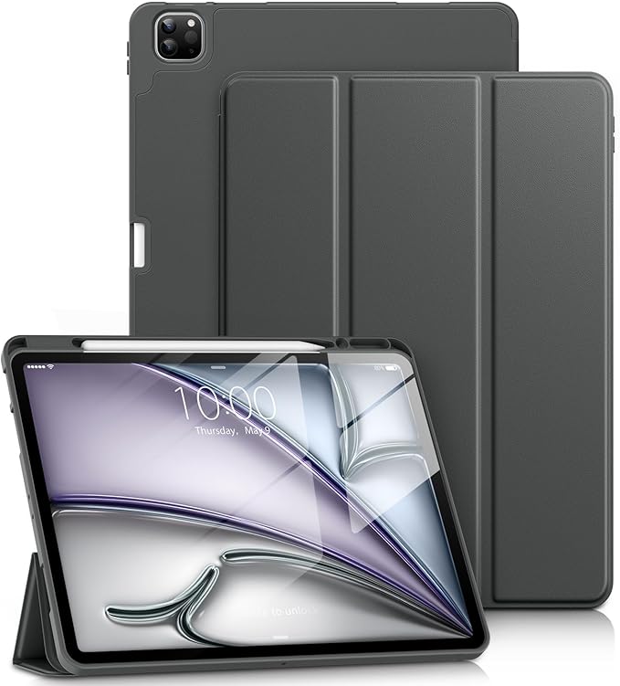 DTTO for iPad Air 13 Inch Case M4/M3/M2 2026/2025/2024, iPad Pro 12.9 Inch Case (6th/5th/4th/3rd Gen), Smart Slim Trifold Stand Soft Cover with Pencil Holder, Dark Gray