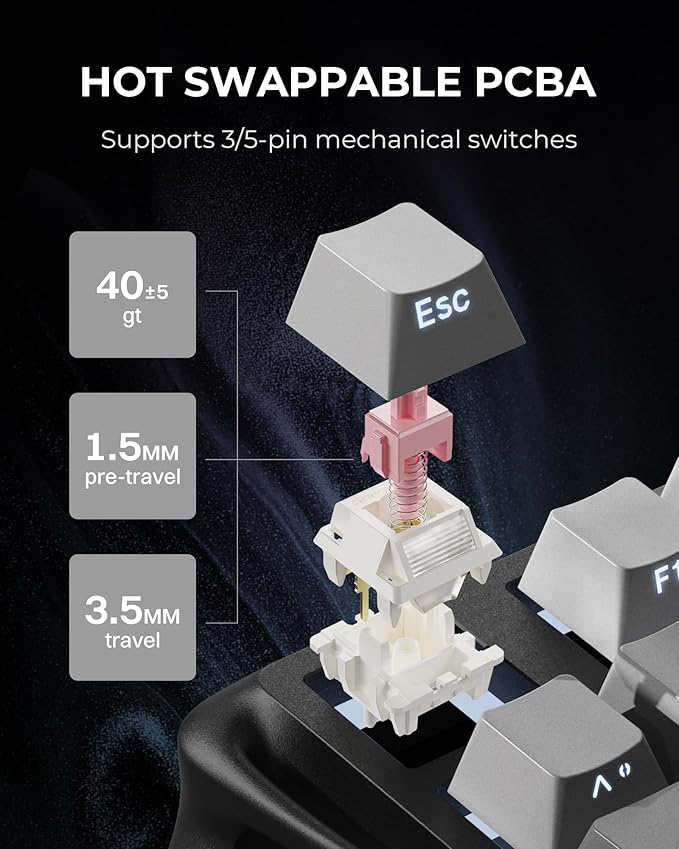 GravaStar Mercury K1 75% Wireless Mechanical Gaming Keyboard, Aluminum Alloy, Gasket Compact Custom Keyboard Hot-Swap Socket, Linear Switches, RGB Backlit - Gradient Black