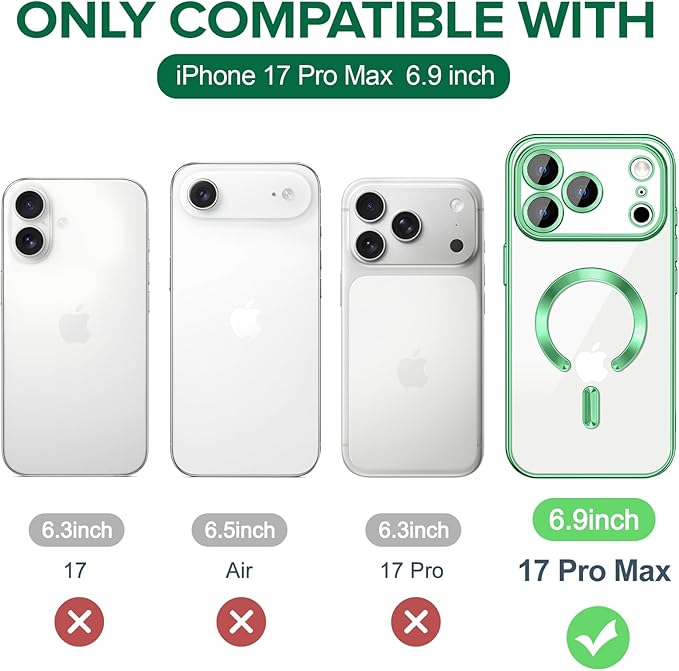 Hython Magnetic Clear for iPhone 17 Pro Max Case with Camera Lens Protector [Compatible with MagSafe] Plating Edge Slim Soft TPU Cover Protective Phone Case for iPhone 17 Pro Max 6.9", Light Green