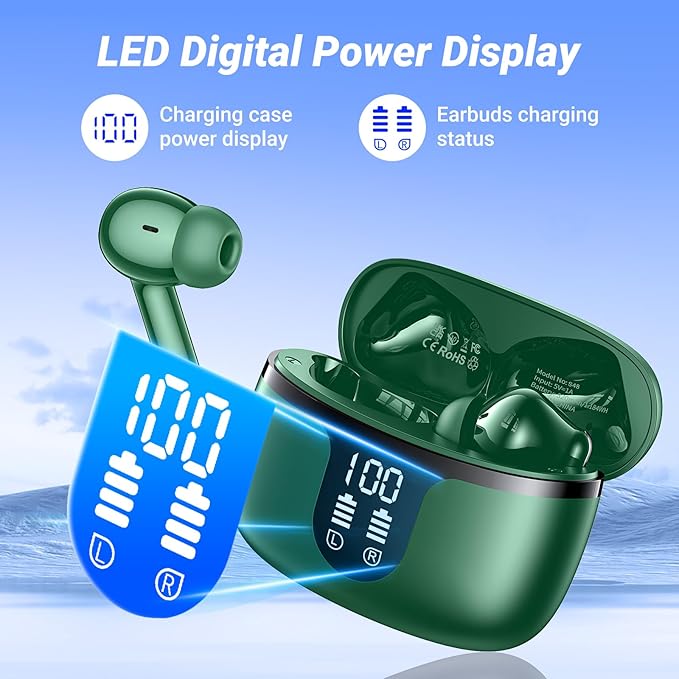 Wireless Earbuds Bluetooth 5.4 Headphones HiFi Stereo 42H Playback in Ear with 4 ENC Noise Cancelling Mic, IPX7 waterproof and LED battery display screen for Running Fitness Office Ear Buds in Green