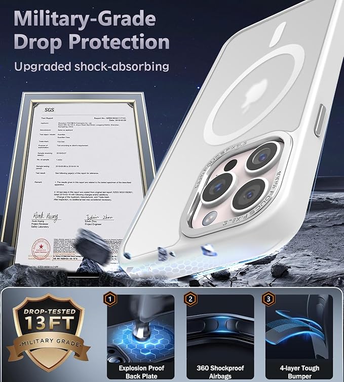 Newfuture Designed for iPhone 14 Pro Case with Magnetic [13 FT Military Drop Protection] [Compatible with Magsafe] Slim Translucent Matte Shockproof with Anti-Fingerprint Phone Case, Frosted White