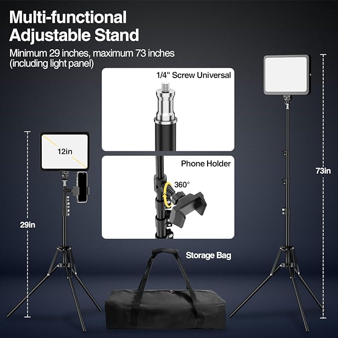 LED Video Light Kit, 2800-7000K Dimmable Studio Lighting with Tripod Stand & Phone Holder, 73” Adjustable Height for Video Recording, Live Streaming, YouTube, Photography，2-Pack