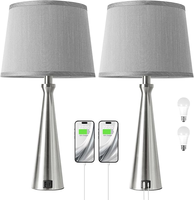 Seealle Modern Table Lamps Set of 2 - Touch Bedside Lamp for Nightstand with Dual USB C+A,3-Way Dimmable Silver Nightstand Lamps for Living Room Bedroom End Table with Grey Shade(Bulb Included)
