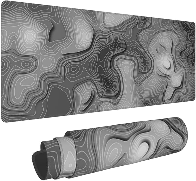 3D Topographic Map Mouse Pad Grey White Gaming Mouse Pad XL Desk Mat Large Desk Pad Non-Slip Rubber Base Keyboard Mouse Mat with Stitched Edges for Home Office Work