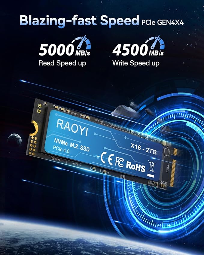 RAOYI 2TB NVMe Internal Solid State Drive M.2 2280 PCIe Gen4x4 SSD, Up to 5000MB/s, Configure SLC Cache, Storage and Memory Expansion for PS5 Laptop Desktop