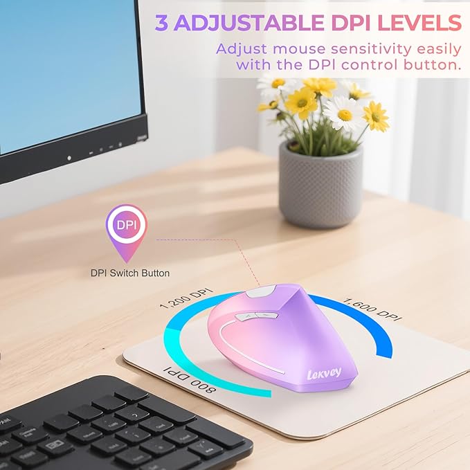 Lekvey Ergonomic Mouse, USB C Wireless Vertical Mouse, Dual Mode Rechargeable USB-A & Type-C Ergo Mouse, 1600 DPI, Relieves Wrist Pain and Carpal Tunnel, for Laptop Computer Mac MacBook, Pink Purple