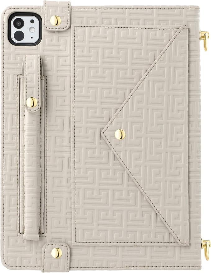 Handbag Case for iPad Pro 13-inch M5 2025/M4 2024, Techcircle Elegant Crossbody PU Leather Folio Envelope Pocket Stand Cover with Hand Strap+Shoulder Strap+Pencil Holder+Card Slots, Off-White