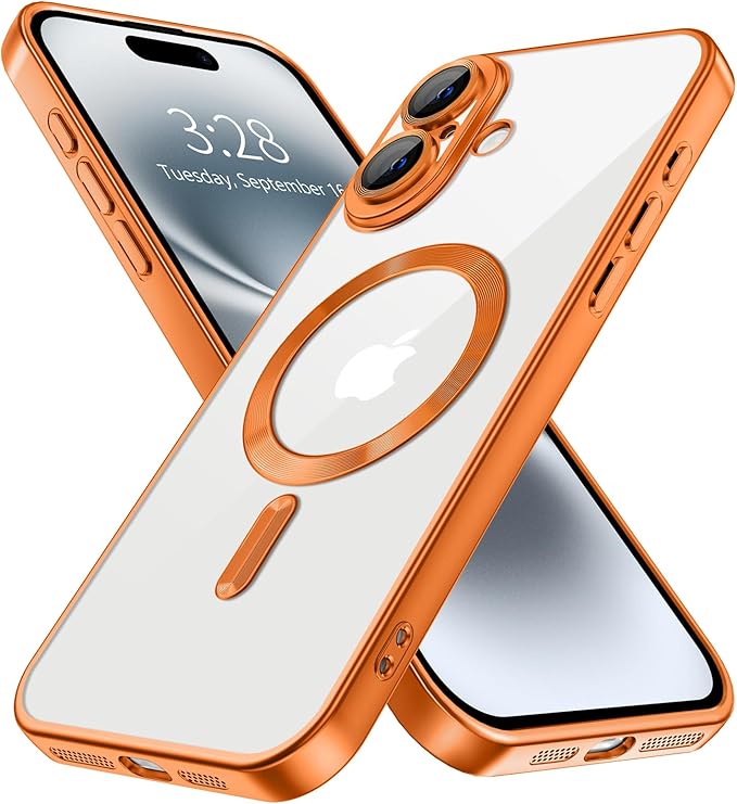 Hython Magnetic Clear for iPhone 16 Plus Case with Camera Lens Protector [Compatible with MagSafe] Luxury Plating Edge Slim Soft TPU Cover Protective Phone Case for iPhone 16 Plus 6.7", Matte Orange