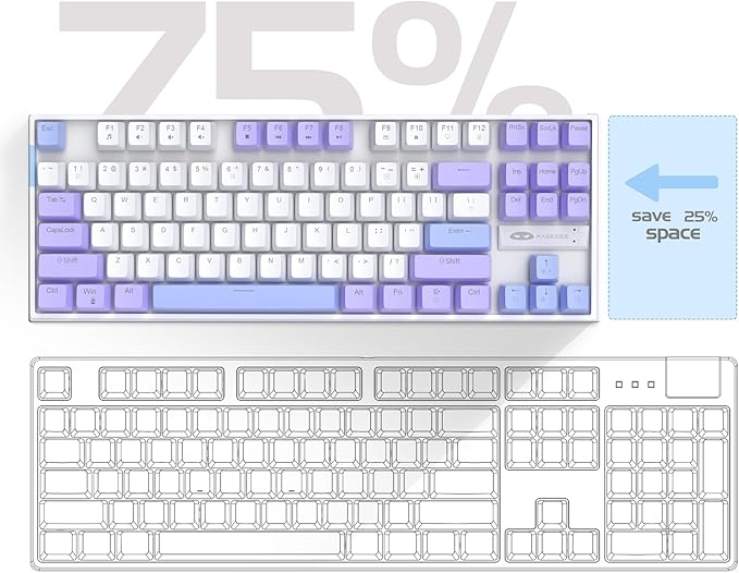 MageGee 75% Mechanical Gaming Keyboard, Red Switch, LED Blue Backlit, 87 Keys Compact TKL Wired Computer Keyboard for Windows Laptop PC Gamer - White/Purple