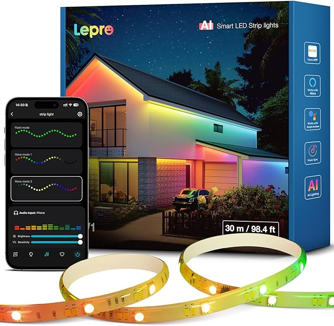 Lepro SW1 AI Smart Outdoor LED Strip Lights - 98.4ft IP65 Waterproof RGBCW Light Strips, 2700K-5700K Tunable Warm White, APP Control(No Remote), 2.4G Wi-Fi Lights for Holiday Decor, House, Porch, Eave