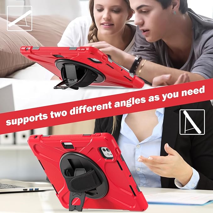 Batianda Case for New iPad Pro 11-inch 2025 M5 2024 M4 Chip Heavy Duty Rugged Durability Silicone Tablet Cover with 360° Rotating Hand Strap Foldable Hidden Stand & Shoulder Strap, Red