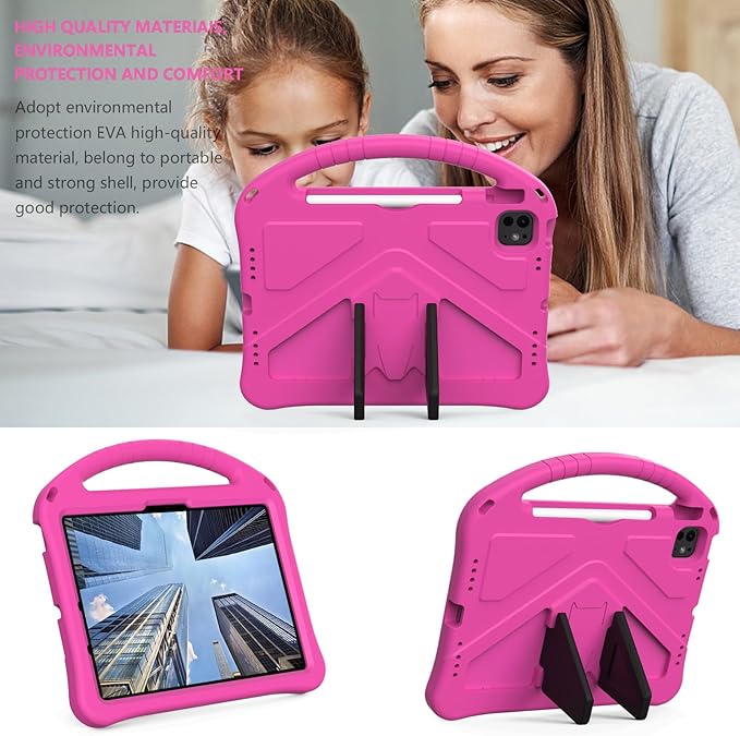 Kids Case for iPad Pro 11 inch M5/M4 (2025/2024) with Kickstand/Pencil Holder/Handle Stand Lightweight Soft EVA Foam Shockproof Heavy Duty Rugged Protection Kids Girls Boys Cover, Rose