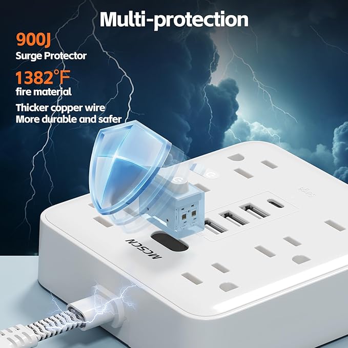 Portable Slim Flat Plug Surge Overload Protector Power Strip Wall Outlet with 6 AC Power Outlets 4 USB(1C) for Home Office Dorm Travel Essentials Fire and Reach 100-125V 15A 1875W UL