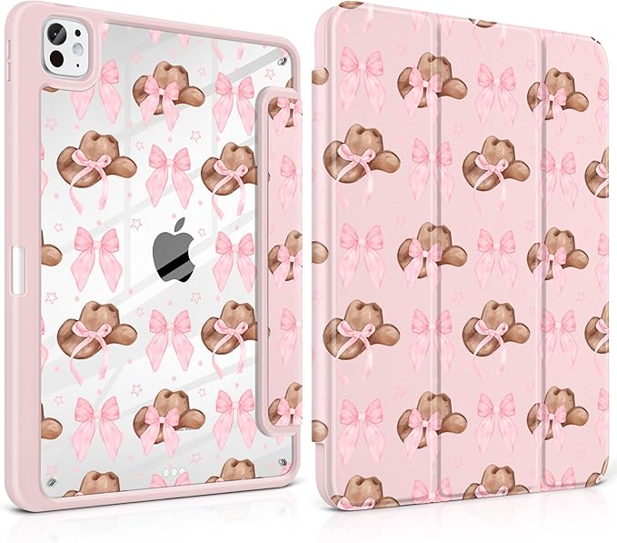 Case for iPad Pro 13 inch (M5) 2025 (M4) 2024 Release with Pencil Holder - Aesthetic Cute Preppy Design Trifold Cover with Soft TPU Bumper Clear Back Auto Sleep/Wake for Girls Women, Hat