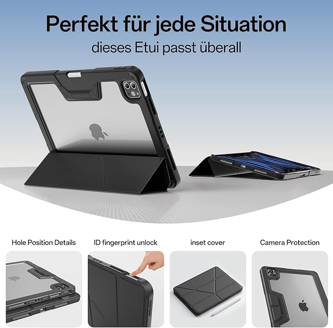 Case for iPad Pro 11 inch (4th/3rd/2nd Generation) 2022/2021/2020 with Clear Back, Multi-Angle Stand, Soft Silicone & Shockproof Tablet Protective Case (Black)