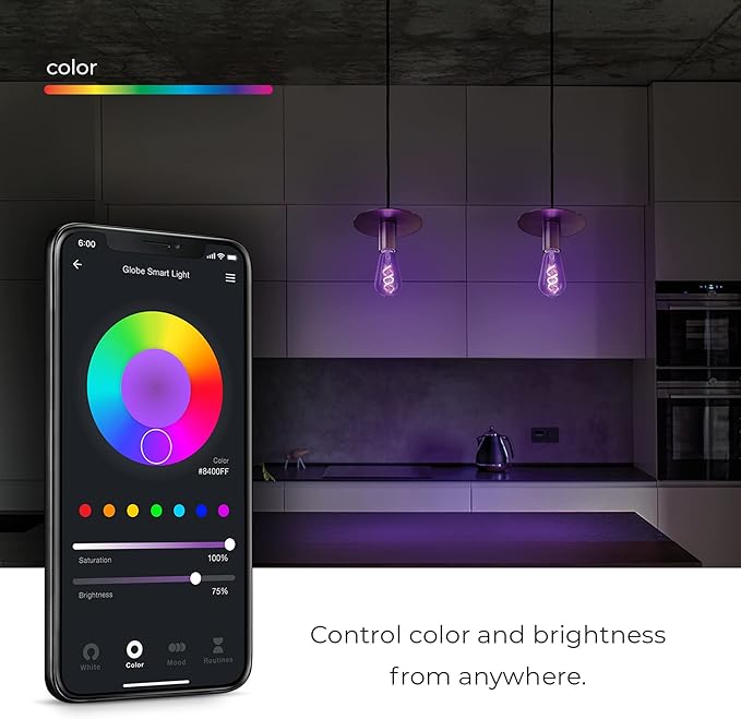 Globe Electric 35847 Wi-Fi Smart 7W (60W Equivalent) Spiral Filament Multicolor Changing RGB Tunable White Clear LED Light Bulb, No Hub Required, Voice Activated, 2000K - 5000K, ST19 Shape, E26 Base