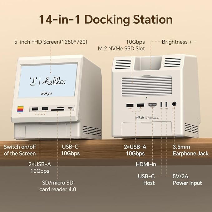M5 Retro Dock Station for Mac mini M4, 5’inch HD Display, 10Gbps M.2 NVMe SSD Enclosure, SD/Micro SD Reader 4.0, 4*USB-A 1*USB-C 10Gbps, 3.5mm Earphone Jack,