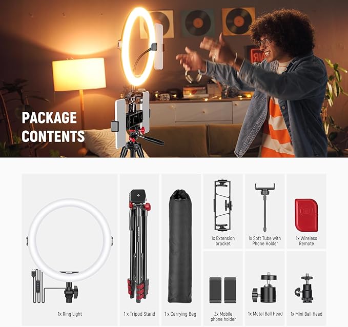 NEEWER Basics 10" Selfie Ring Light with Tripod Stand/3 Phone Holders Compatible with iPhone/3 Cold Shoes/Remote, LED Ringlight Lighting for YouTube TikTok Vlog Video Recording Makeup Streaming, R11