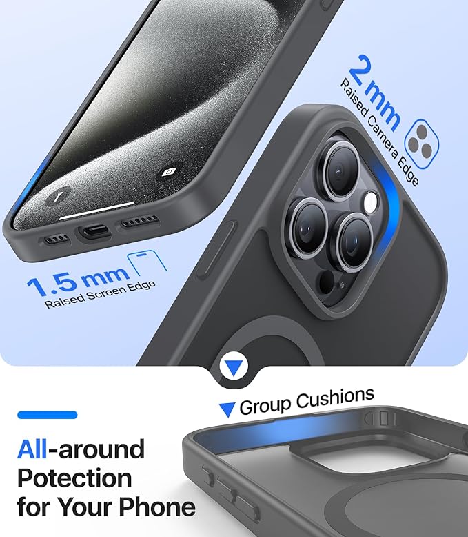 Magnetic for iPhone 15 Pro Max Case[Compatible with MagSafe][Military-Grade Drop Protection][Anti-Yellowing]Shockproof Protective Translucent Matte Cover for iPhone 15 Pro Max Phone Case,Gray