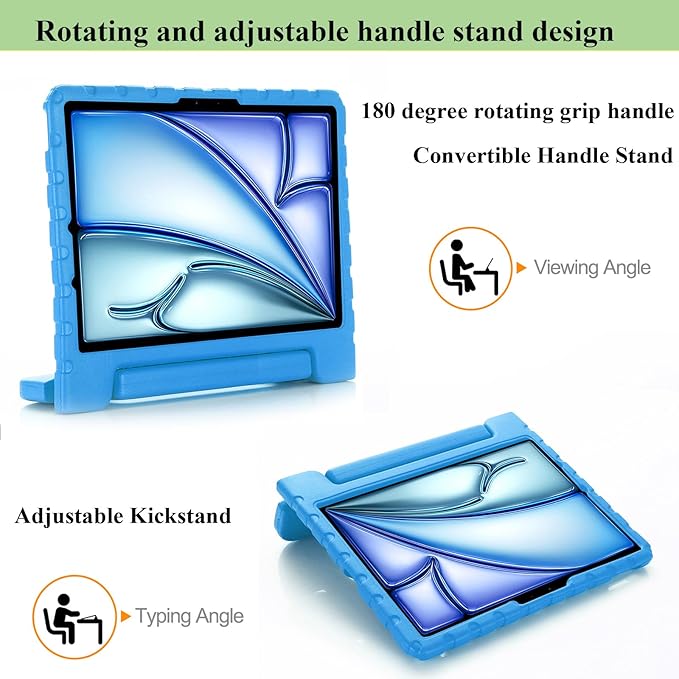 Kids Case for iPad Pro 11 inch M5/M4 (2025/2024) with Pencil Holder/Convertible Handle Stand Shockproof Slim Lightweight Cute Soft EVA Heavy Duty Rugged Kickstand Cover for Children, Blue