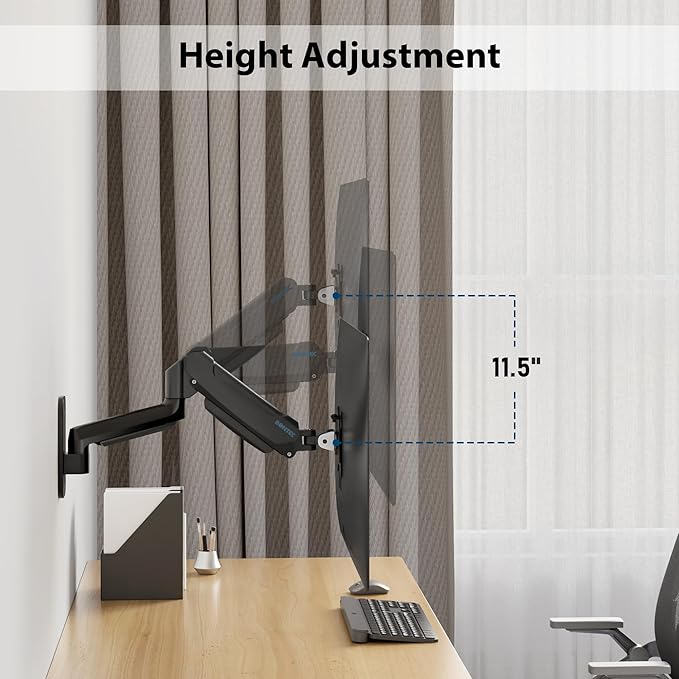 BONTEC Monitor Wall Mount Arm, VESA Gas Spring Height Adjustable, for 13-42 Inch Screens, Max 19.8lbs, Swivel, Tilt, Space-Saving Desk Mount, Easy Installation, Single Arm TV Mount, Max VESA 200x200