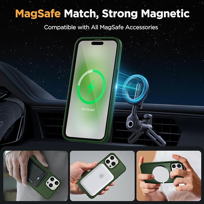 Miracase Magnetic for iPhone 15 Pro Max Case 6.7 inch (Compatible with MagSafe)（with 2X Screen Protectors）Military-Grade Protection, Anti-Fingerprint Translucent Matte Phone Cover, Dark Green