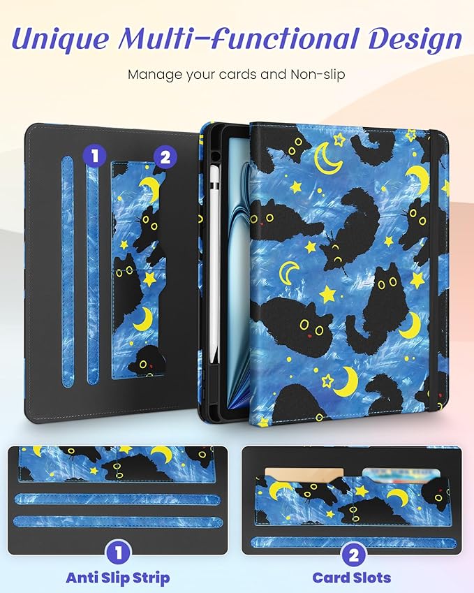 Kidcube for iPad Air 11 Inch Case M3/M2, Air 5th/4th Generation Cases 10.9'', Pro 11'' 2020 - Women Girls Aesthetic Cute Rotating Stand Folio Cover with Pencil Holder & Card Slot Girly Cat Stars