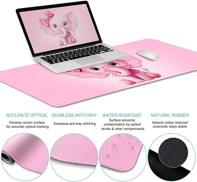 LIMKRIAN Elephant Mouse Pad Desk Mat Set, Kawaii Gaming Ergonomic Mouse Pad with Wrist Support Wrist Rest for Computer Keyboard Cup Coaster, Cute Pink Elephant Office Supplies Desk Decor Accessories