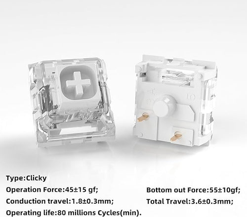 Zjmehty Kailh Box White Mechanical Keyboard Switches,3-Pin 45gf Clicky/Speed Typing/Gaming/Waterproof Switches(90Pcs,Kailh Box White)