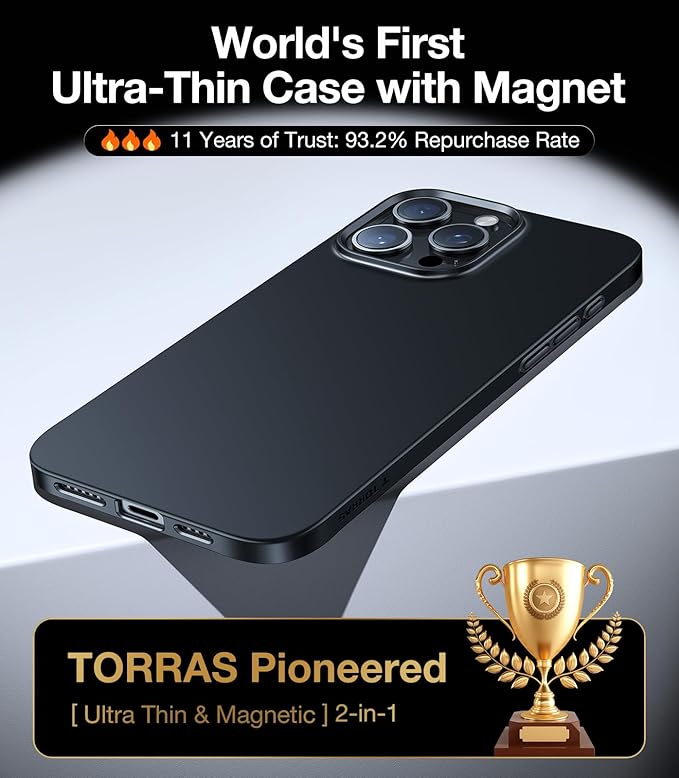TORRAS Magnetic Slim-Fit for iPhone 16 Pro Max Case 6.9 inch, Ultra-Thin 16 ProMax Phone Case Compatible with MagSafe, Light Anti-Scratch Matte Hard PC Bayer OriginFit, Black