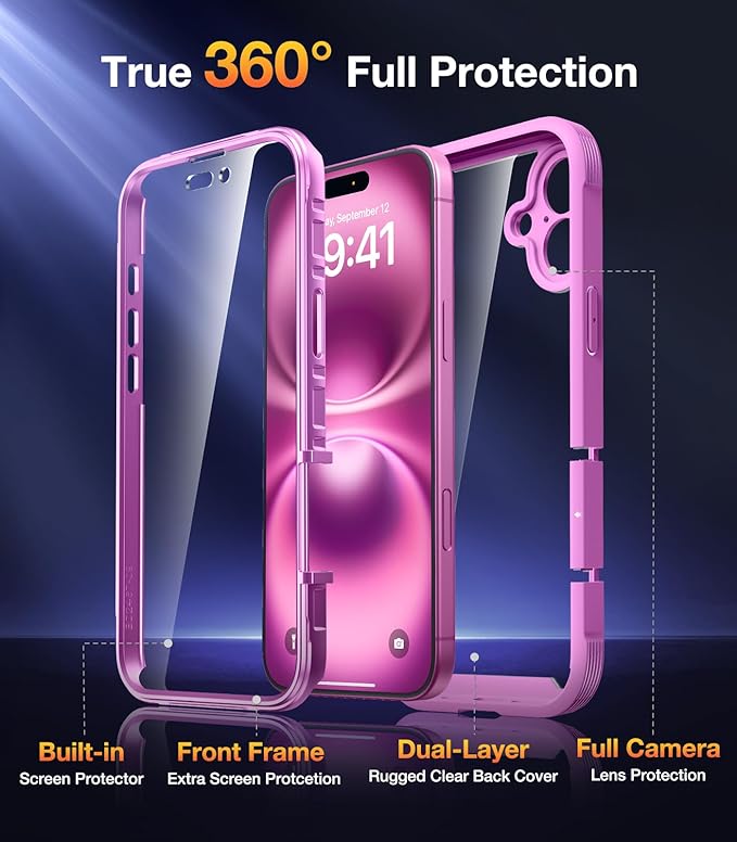 Diaclara Designed for iPhone 16 Case, Upgraded [Full Camera Protection] Full Body Rugged Bumper Case with Built-in Screen Protector, Rose Pink